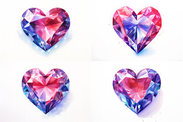 Fototapeta premium Heart shaped Diamond gem watercolor illustration isolated on white background