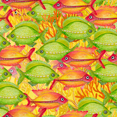 Seamless pattern with bright watercolor fish.