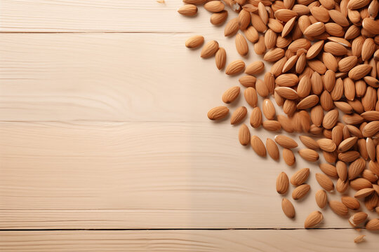 overhead view of almonds on wooden table, food, flat lay, ai-generated image