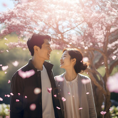 Young Asian Couple in a Springtime Garden AI Photo