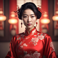Young Beautiful Asian Woman in an Elegant Red Dress AI Art