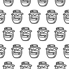 Jar of honey seamless pattern. Doodle pattern with jar of honey isolated on white. Jar of honey wrapper, wallpaper for caffe or restaurant decoration menu. Hand drawn Bee Honey outline coloring page