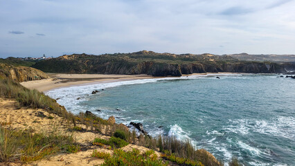 Vila Nova De Milfontes, Vicentine Coast Natural Park Portugal, Hiking Rota Vicentina the Fisherman's Trail Along the Alentejo Coastline to Wild and Rugged Beaches Narrow Cliff Side Paths.