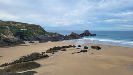 Zambujeira Do Mar Beach, Alentejo, Portugal. Portugal Hiking Rota Vicentina the Fisherman's Trail Along the Alentejo Coastline to Wild and Rugged Beaches Narrow Cliff Side Paths.