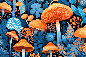 Bunsh of magic mushrooms in forest illustration