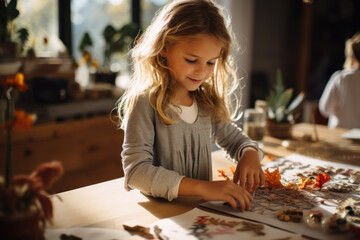 Young Girl Engaged in Autumn Crafts with Leaves Indoors
 - obrazy, fototapety, plakaty