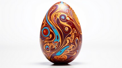 A milk chocolate Easter egg, delicately hand-painted with vibrant, edible colors, creating a mesmerizing abstract design, set against a stark white background