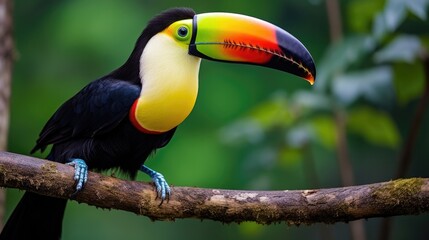 A stunningly beautiful toucan perches on a branch