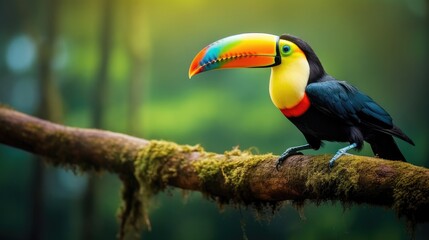 Fototapeta premium A stunningly beautiful toucan perches on a branch