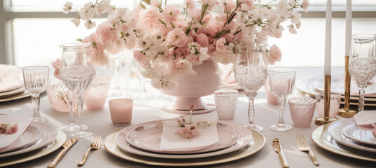 a table setting with pink and white flowers, silverware and champagne glasses