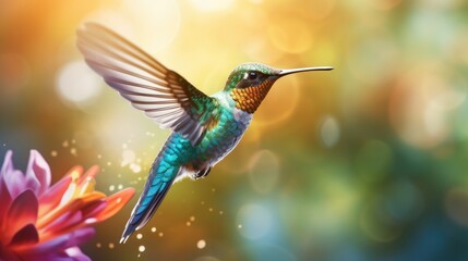 Fototapeta premium A vibrant hummingbird hovering in mid-air, its iridescent feathers glinting in the sunlight