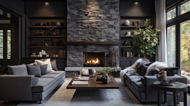 A well-balanced living room with a gray sofa set against the warmth of dark hardwood floors, 