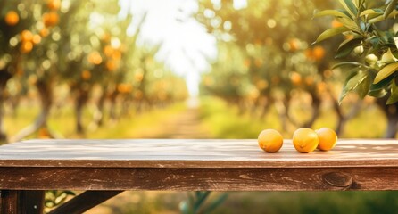 a wooden table in an orange orchard