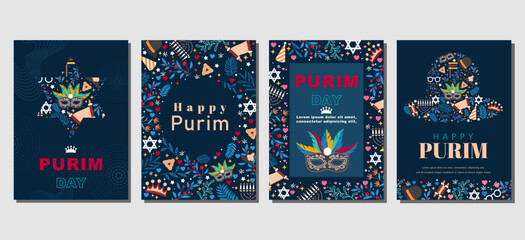Elegant purim day Set of greeting cards, posters, holiday covers. vector illustration