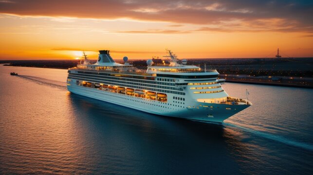 An evocative shot of a cruise ship departing from port at sunset
