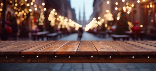 empty wooden city street table with christmas decoration