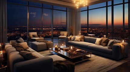 The interior of a top-floor suite in a prestigious high-rise, characterized by a perfect fusion of sophisticated interior design, extravagant amenities, and a magnificent view of the city below