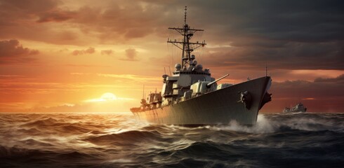 pacific warship in the ocean at sunrise