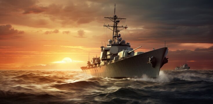 pacific warship in the ocean at sunrise © ArtCookStudio