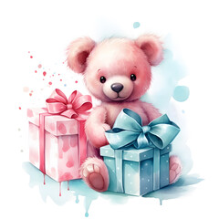Cute Watercolor Teddy bear with gift illustration, cartoon character animal