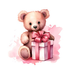 Cute Watercolor Teddy bear with gift illustration, cartoon character animal