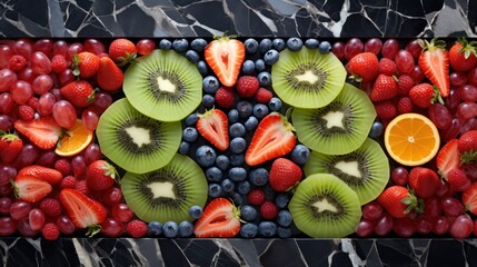  a bunch of fruit with kiwis, strawberries, oranges, grapes, and strawberries on a black and white marble table with a black marble background.