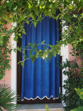 Porte, v&eacute;g&eacute;tation et rideaux bleus &agrave; Burano (Venise, Italie)