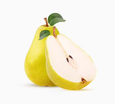 Fresh pears, one and a half yellow fruit with leaf
