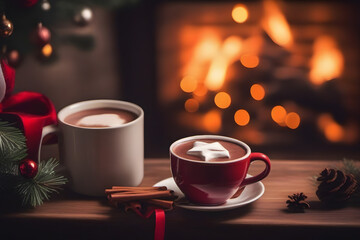 Steaming cup of cocoa or coffee beside the Christmas hearth, evoking the Winter holiday spirit.