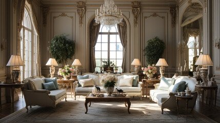 Fototapeta premium High-definition snapshot showcasing the classic beauty of a room adorned with plush sofas, ornate chairs, and an elegantly designed center table.