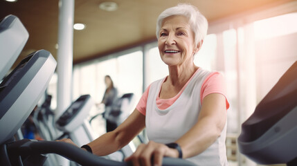 Fototapeta premium Smiling elderly woman exercising in sports center, lifestyle concept