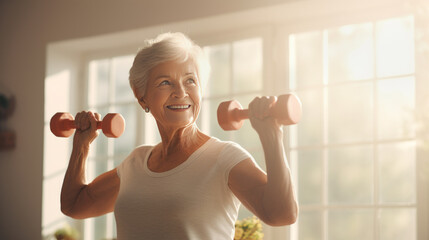 Smiling Senior Lady Exercising With Dumbbells At Home. 