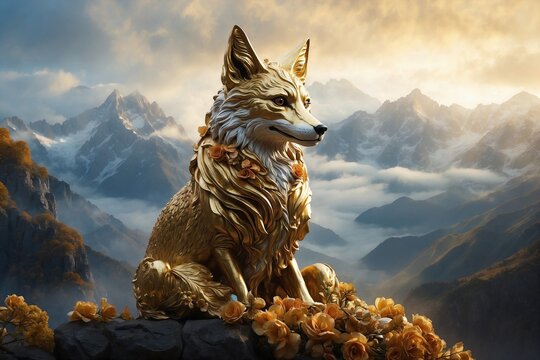 A golden statue of a fox