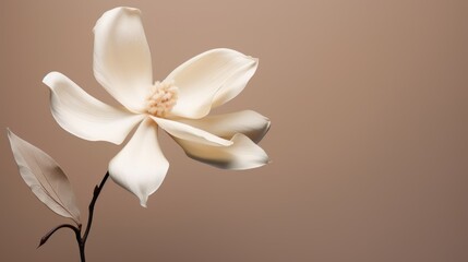  a close up of a white flower on a stem with a brown back ground and a light brown back ground, with a single flower in the center of the foreground.
