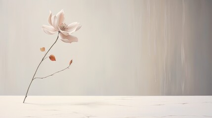  a single white flower sitting on top of a white table next to a white vase with a single white flower sticking out of it's stem on top of a white table.