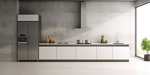  modern white kitchen with concrete floor, built-in sink and cooker, and two ovens. - obrazy, fototapety, plakaty