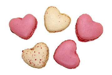 Group of heart shaped macaroons isolated on white background.