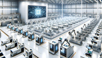 Contemporary semiconductor factory with advanced robotics and AI in a clean, white, automated environment