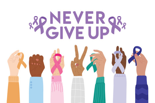 World Cancer Day 4 February. Pink, blue, yellow, white, teal cancer ribbons on raised fists, V-sign gesture. Never give up phrase. Cancer prevention and health care hand drawn illustration
