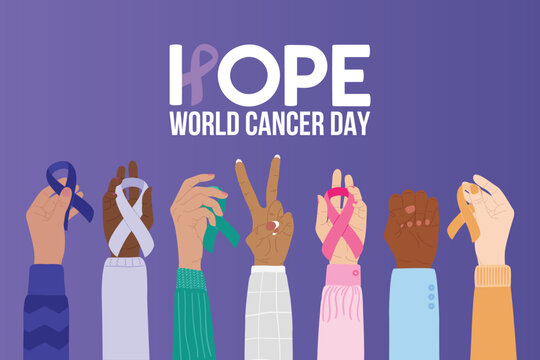 World Cancer Day 4 February. Pink, blue, yellow, white, teal cancer ribbons on raised fists, V-sign gesture. Hope phrase. Cancer prevention, health care hand drawn vector illustration