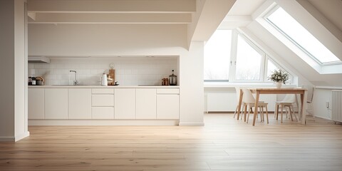 Wooden floor in a modern white kitchen inside a mansard, capture on camera.