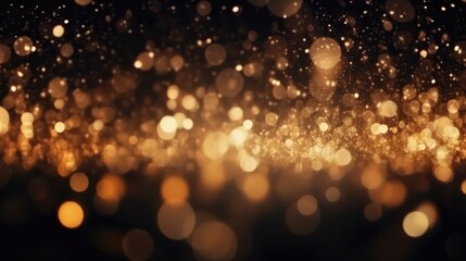 Glowing golden bokeh particles on a black background. Abstract background with a combination of black and gold particles - obrazy, fototapety, plakaty