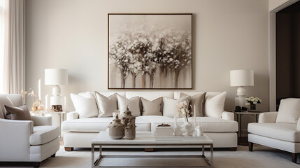 HD photo capturing the timeless beauty of a white sofa in a well-designed living room with attention to detail and subtle accents.
