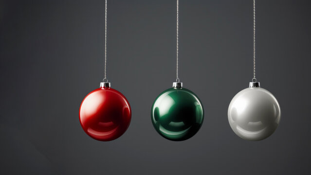 Three Christmas baubles, red, green, and silver, hanging against dark grey background, calm, creative, festive, minimalistic atmosphere. Christmas ornaments in holiday season decor
