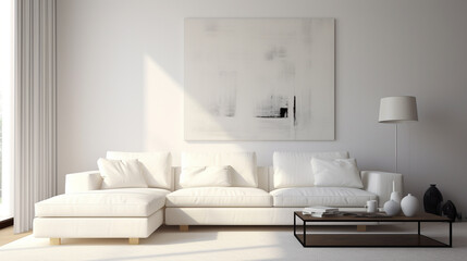 Fototapeta na wymiar Modern aesthetics in a living room featuring a beautiful white sofa, minimalist design, and well-coordinated decor.
