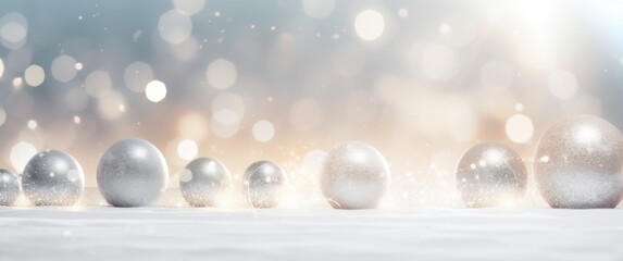 silver christmas balls on an ice white background in winter scene