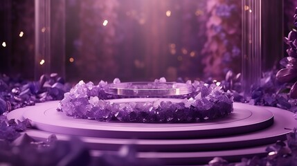 Crystal podium diamond 3d background display glass jewelry product render blue platform. Podium ice crystal stand diamond stage gem white abstract pedestal stone purple luxury sapphire cosmetic scene - obrazy, fototapety, plakaty