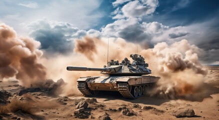 tank in the desert with smoke coming from the exhaust system