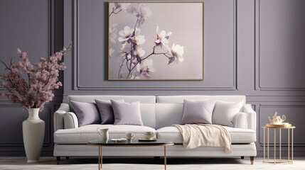 Serenity and style in a spacious room, highlighting a comfortable sofa, decorative plants, and elegant accessories, complemented by fresh flowers on a table against a refined gray wall.