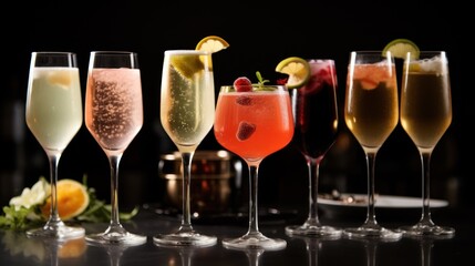  a row of wine glasses filled with different types of drinks and garnished with lemon wedges and garnished with limes and garnishes.
